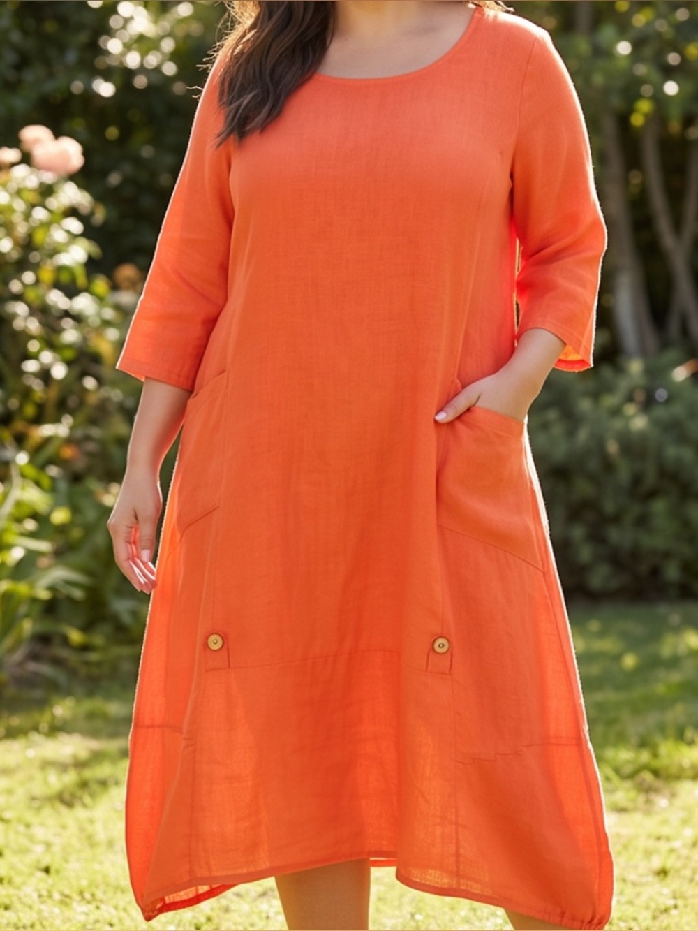 Linen Orange Maxi Dress - Lightweight Summer Midi